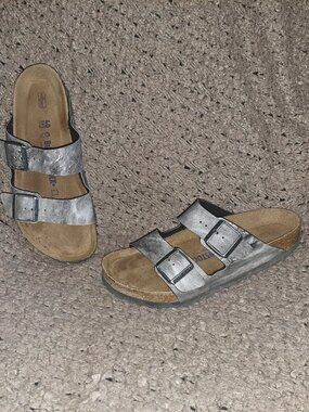 BIRKENSTOCK-Arizona-Birko Flor-Gray/Snakeskin Slide Sandals-Sz 40-Excellent